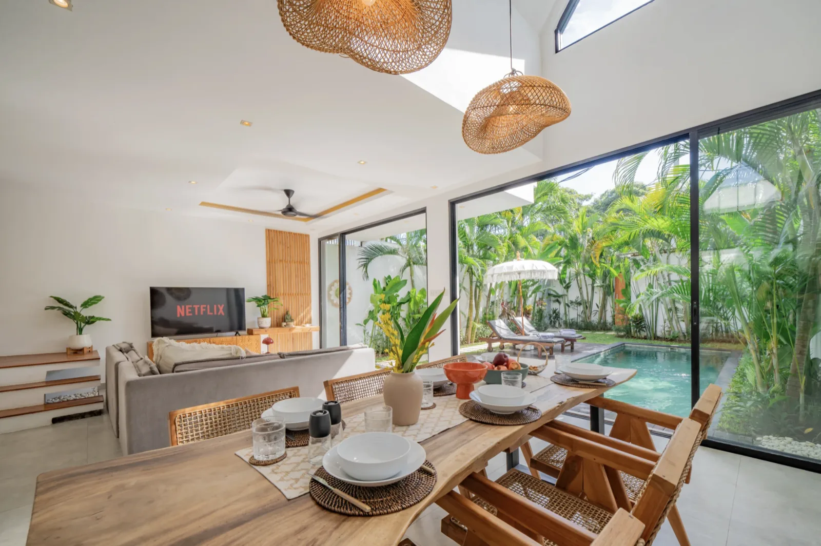 Living room with pool view
